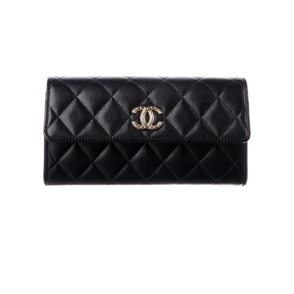 CHANEL Black Quilted Caviar Leather Flap Wallet with Gold CC Logo